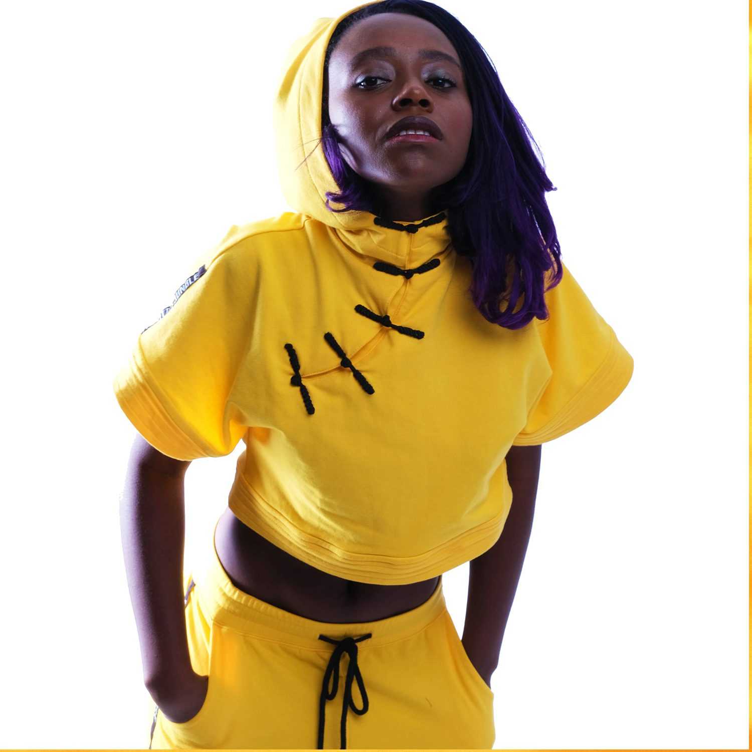 MUDUA Iko Wapi Bill Yellow Crop Hoodie Chinese Knots Buttons Sizes XS to XL