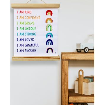 Affirmations canvas print, hanging from a frame