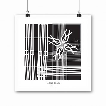 A black and white painting, on a white background shown hanging