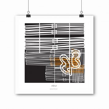 A black and white painting on a white background shown hanging