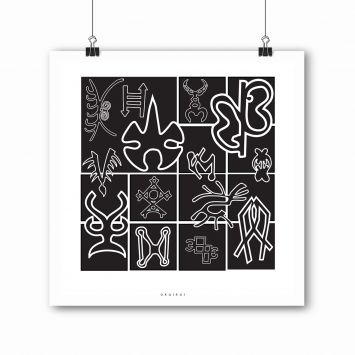 A black and white painting on a white background shown hanging