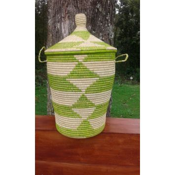 A green and tan Kubwa laundry basket covered with a lid