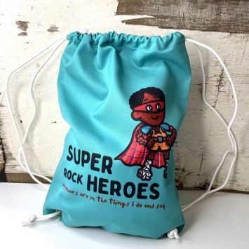 Front view of a teal drawstring backpack with a drawing of a super hero on it
