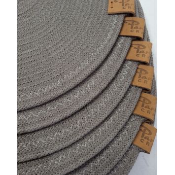 Top view showing a stack of gray 15" cotton placemats
