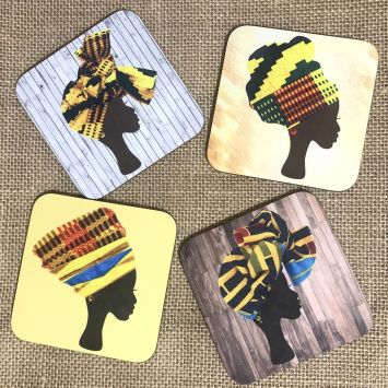 Flatlay of four coasters with various designs of women wearing headwraps