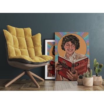 A painting of a lady smiling while reading a book placed next to a chair on the floor