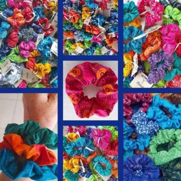A collage showing assorted hair scrunchies