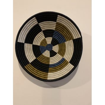 Top view showing inside a multi-colored woven bowl