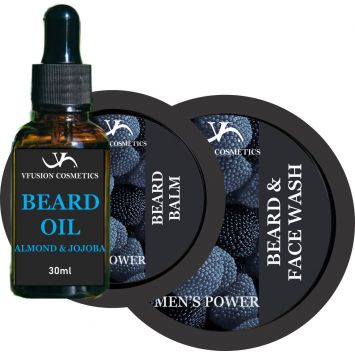 A bottle of Beard oil and two containers of Beard & Face wash
