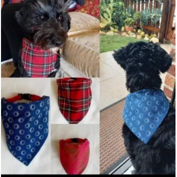 A collage showing dogs wearing assorted dog bandanas