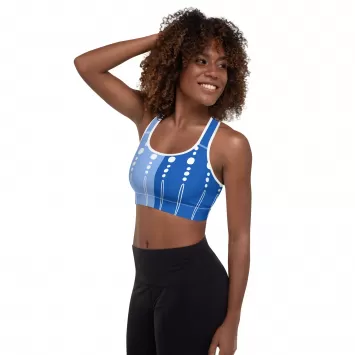 Side view of Blue Tribal Lines Padded Sports Bra on model