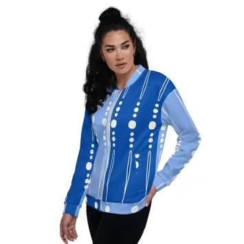 Side view of Blue tribal Lines Unisex Bomber Jacket on female model