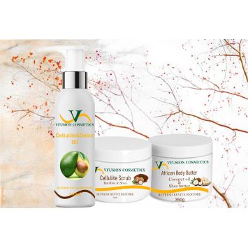 Three containers containing body butter, detox oil and body scrub