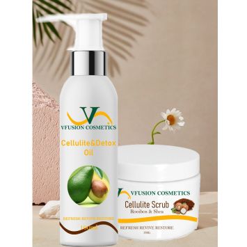 A bottle of cellulite scrub and detox oil with palm leaves in the background