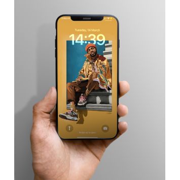 A phone being held out. The lockscreen is a man wearing an orange beanie, sitting on some stairs