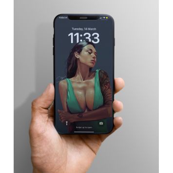 A phone being held out. The lockscreen is a woman wearing revealing clothing with a sleeve tatoo on her left arm