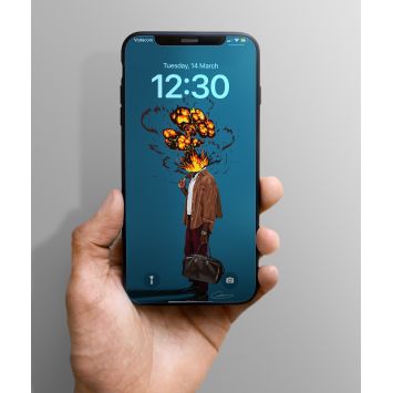 A phone being held out. The lockscreen is a man who's head is replaced with fire, holding a bag in a teal background
