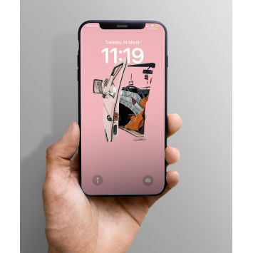 A phone being held out. The lockscreen is of an open car door revealing the legs of a driver coming out through the window in a pink background