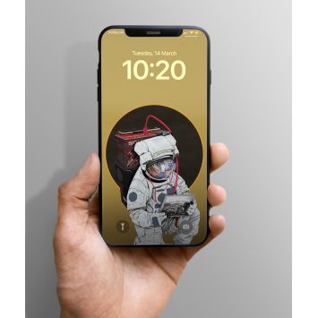 A hand holding a phone which presents a lock screen showing an astronaut holding a cd and listening to music