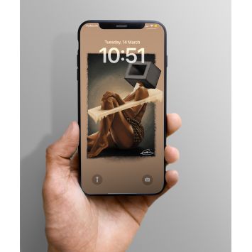 A phone being held out. The lockscreen is a woman who appears to be trapped and has a block of cement covering her head
