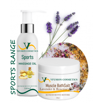 A 100ml bottle of massage oil next to a 250ml bottle of bath salts placed in front of lavender flowers